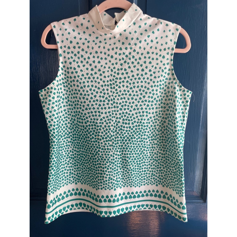 Vintage Mock Neck Top Sleeveless Leaf Print Double Knit Medium 70s